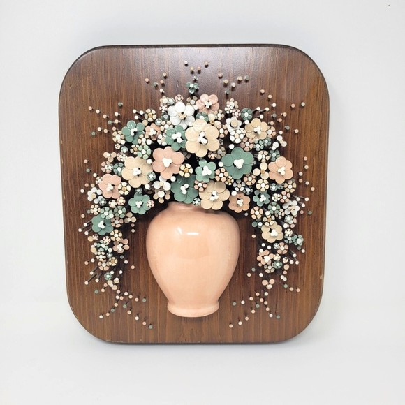 unknown Other - Vintage 70's Retro Hammered Nail Art Wooden Plaque Floral Bouquet Wall Decor 3D